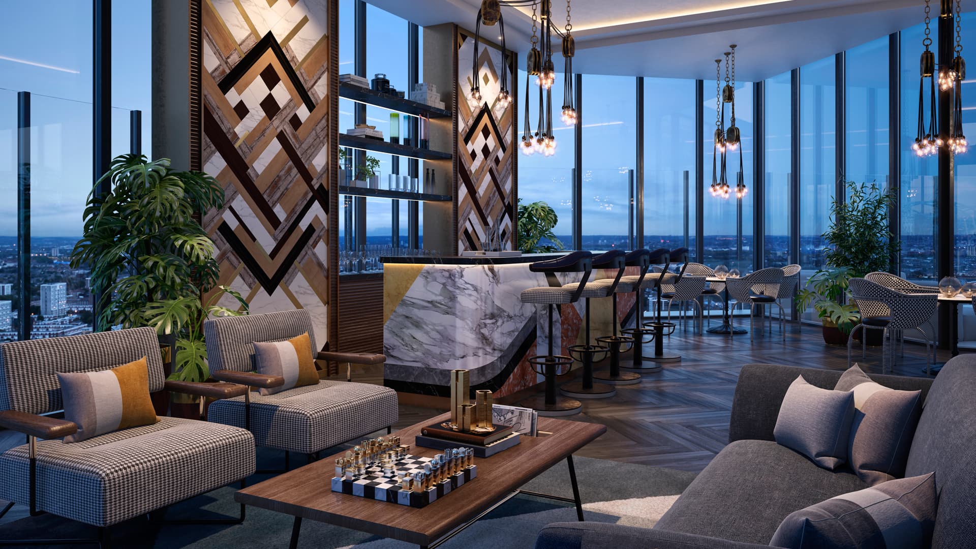 Hospitality lounge overlooking the city